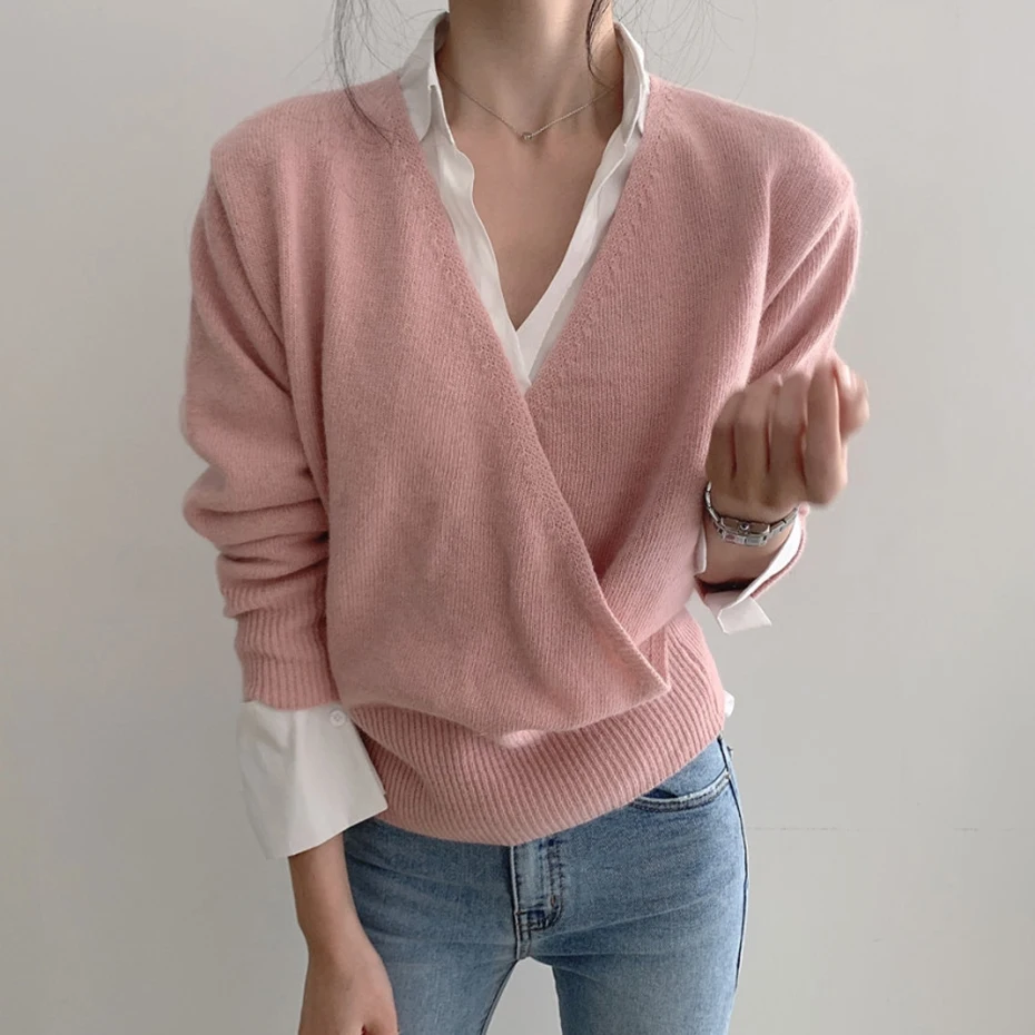 Deep V-Neck Sweater Women Fashion 2020 Long Sleeve Criss-cross Knitted Tops Solid Puff Elegant Knitwear Pullovers | Женская одежда