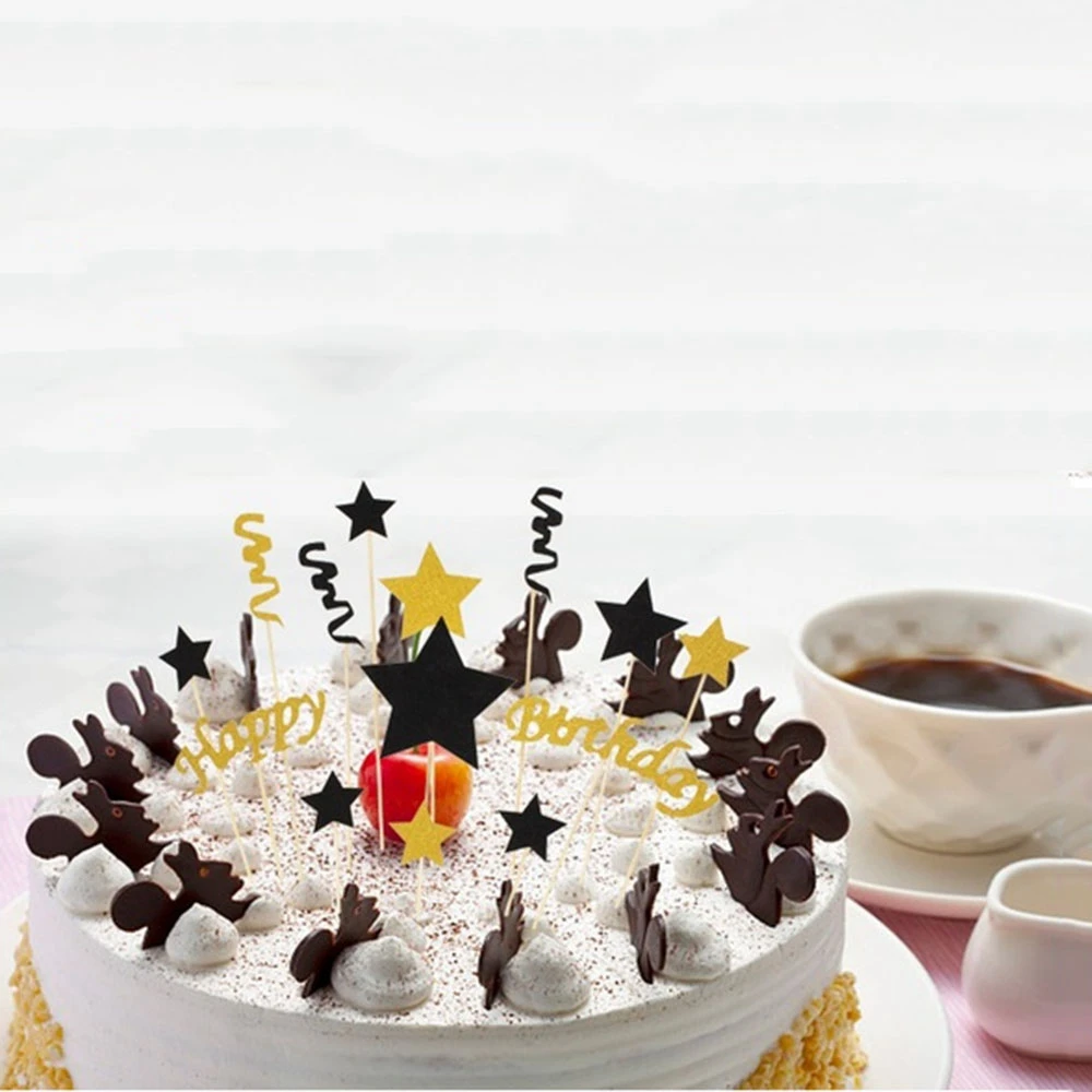 Счастливая фотография черные золотые звезды флаг для торта полоса украшение на