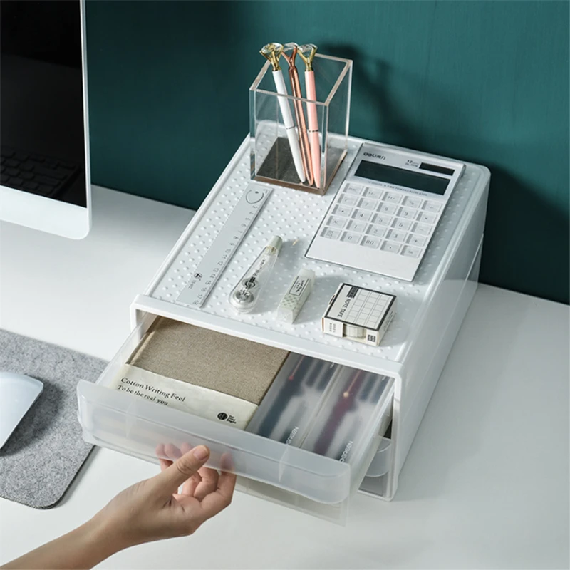 

2 Layers A4 Transparent Desktop Storage Box Home Office Storage Box Scrub Pen Holder Desk Document Organizer Storage Case