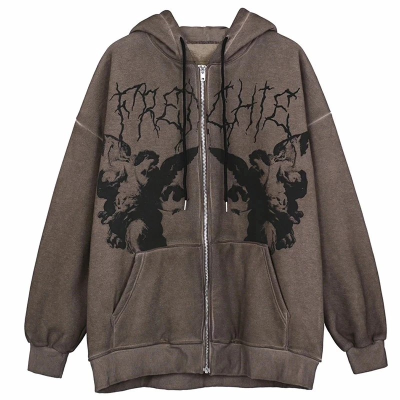 

Women Hip Hop Streetwear Sweatshirt Punk Men Angel Print Hooded Jacket Coat Autumn Winter Harajuku Y2k Zipper Oversized Hoodies