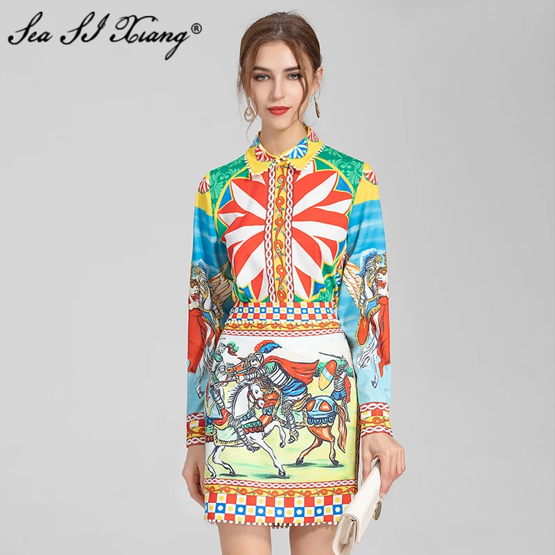 

Seasixiang Fashion Designer Autumn Suit Women Turn-down Collar Long Sleeve Shirts Tops + Skirt Indie Folk Print Two-Piece Set