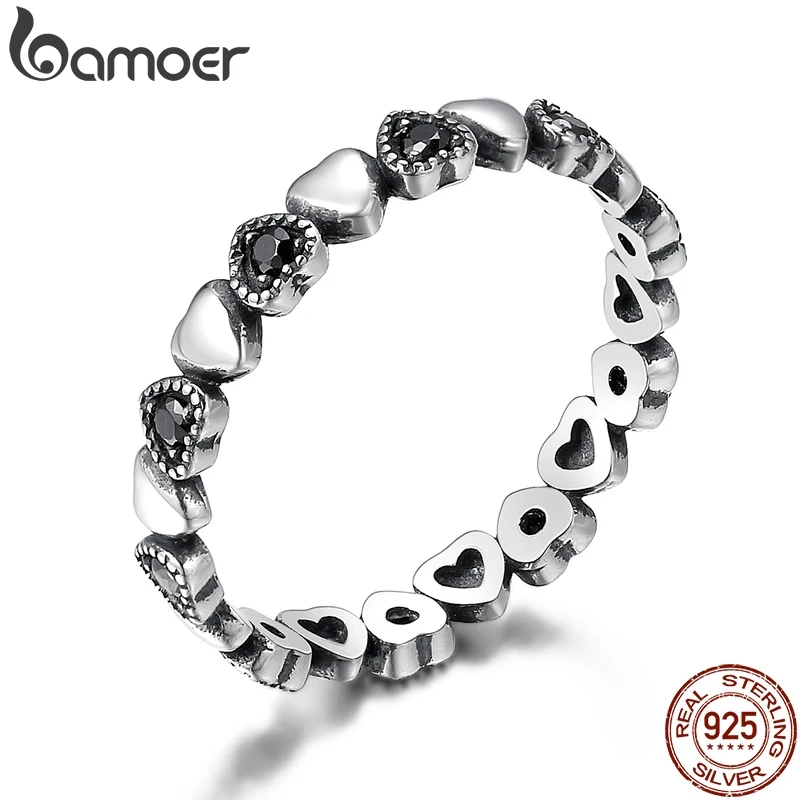 BAMOER, настоящее 925 пробы Серебряное штабелируемое кольцо, сердце, черный CZ, кольца на палец для женщин, украшения на свадьбу, годовщину Anel SCR140