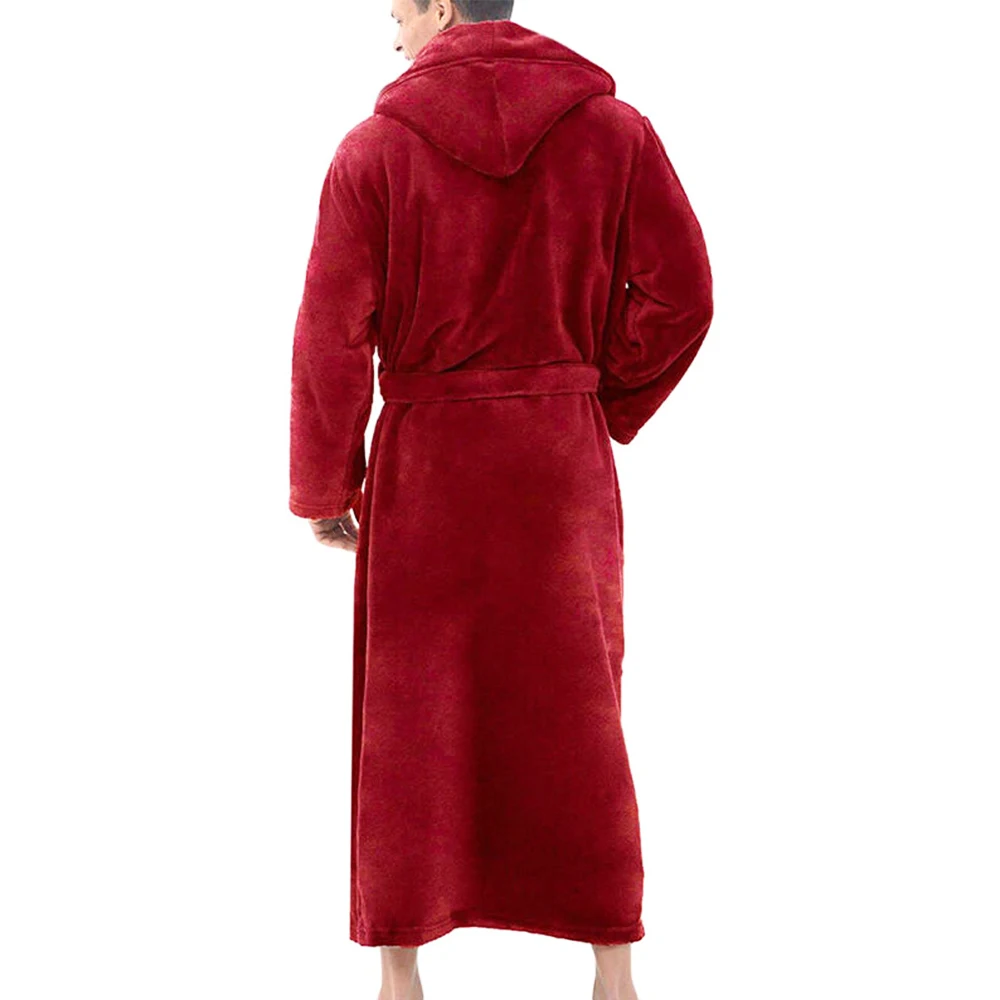 

Robe Men Solid Color Bandage Bathrobe Long Sleeve Hooded Robes Male Lounge Wear Dressing Gown Mens Sleep Tops