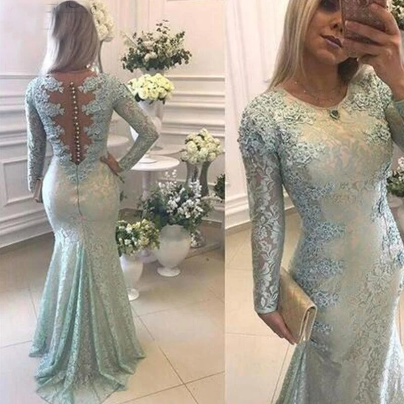 

Muslim Evening Dresses Mermaid Long Sleeves Lace Backless Dubai Saudi Arabic Evening Gown Prom Dress