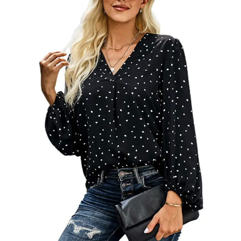 

Женские рубашки в горошек с V-образным вырезом и длинным рукавом, футболки, уличный Повседневный Свободный Топ, пуловер, блузка, модная одежд...