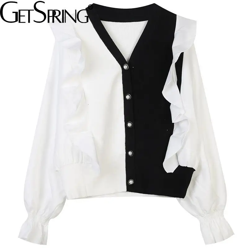 

Getspring Women Shirt Ruffle Patchwork Color Matching Blouse Top Asymmetry Plus Size Long Sleeve Shirt Tops Women 2022 New