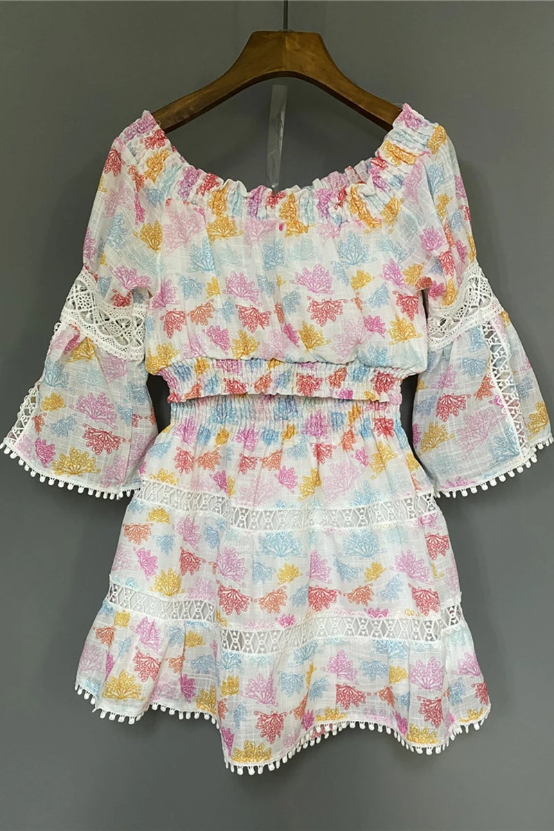 

Crop Sets 2021 Summer Fashion Skirt Suits High Quality Clothing Women Crochet Lace Patchwork Flare Sleeve Crop Tops+Mini Skirts