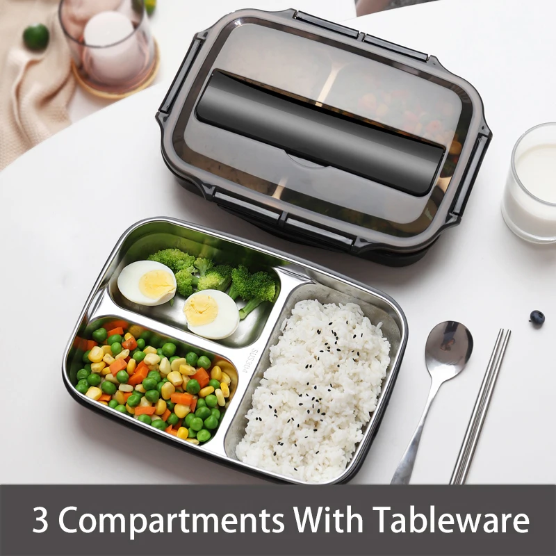 black w tableware-3 Нержавеющая сталь Термальность контейнеры для еды с отделениями, Герметичная Кружка-порционная коробка Bento для хранения еды контейнер для пикника, офисные школьные Ланч-бокс - Цвет: black w tableware-3