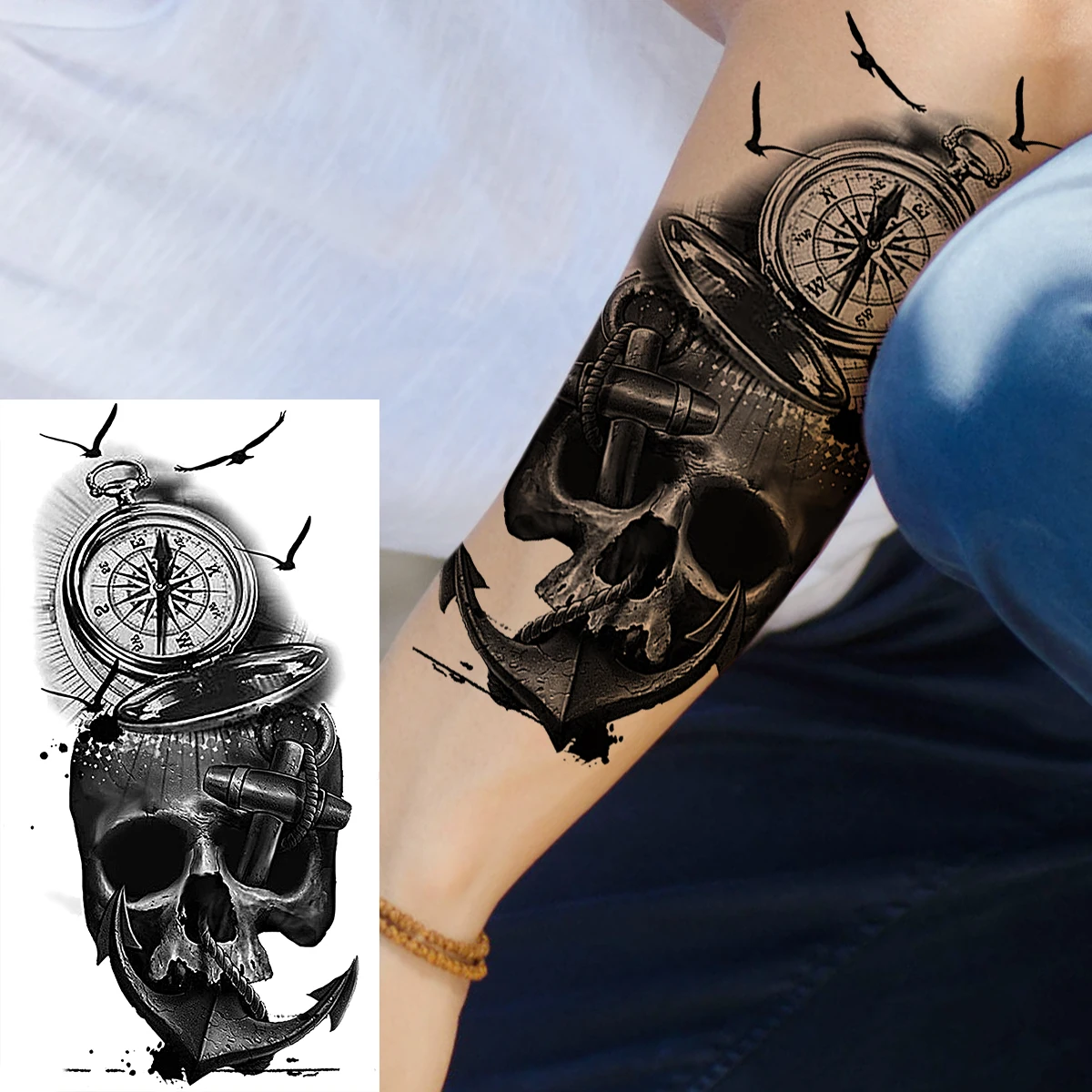 Временные татуировки с черным черепом головой компасом и глазами для мужчин