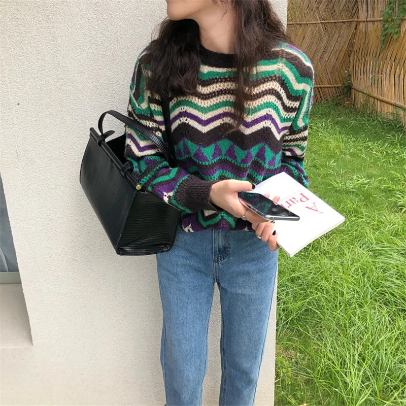 

Hzirip Women Knitted Sweaters 2020 Autumn New Female Pullovers Tops Striped Loose Casual Soft Fashion All-Match Office Lady