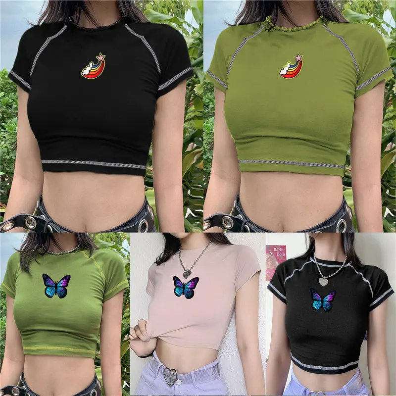 

Women Short Sleeve Butterfly Print T-shirts Crop Tops Summer Ladies Casual Stylish Round Neck Slim Tank Top Female Vocation