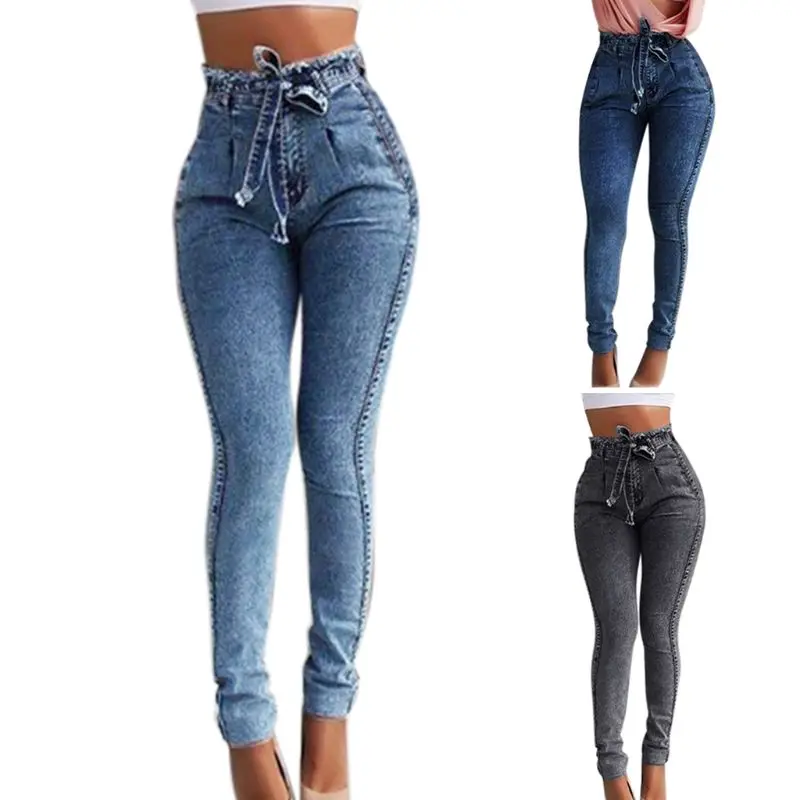 

Trousers Women Tassel High Waist Stretch Skinny Jeans Lace-Up Belt Slim Pencil Long Pants C90E New