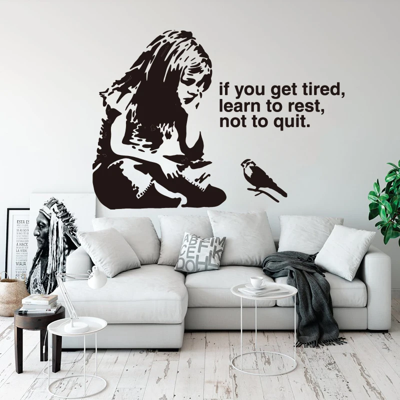

Banksy Girl Bird Think Get Tired Not Quit Rest Wall Sticker Graffiti Inspirational Quote Wall Decal Bedroom Kids Room Vinyl Deco