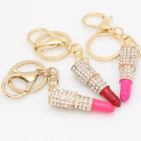 FREE SHIPPING BY DHL 120pcslot Fashion Metal Rhinestone Lipstick Shaped Keychains Novelty Lipstick Pendant Keyrings for Women