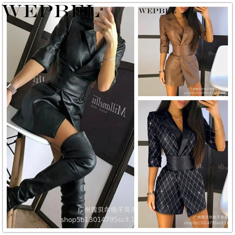 

Mandylandy Women's Autumn Winter Long PU Leather Coat Lapel Collar Mid-length Sleeve Lady Dress Leather Jacket with Belt Outwear