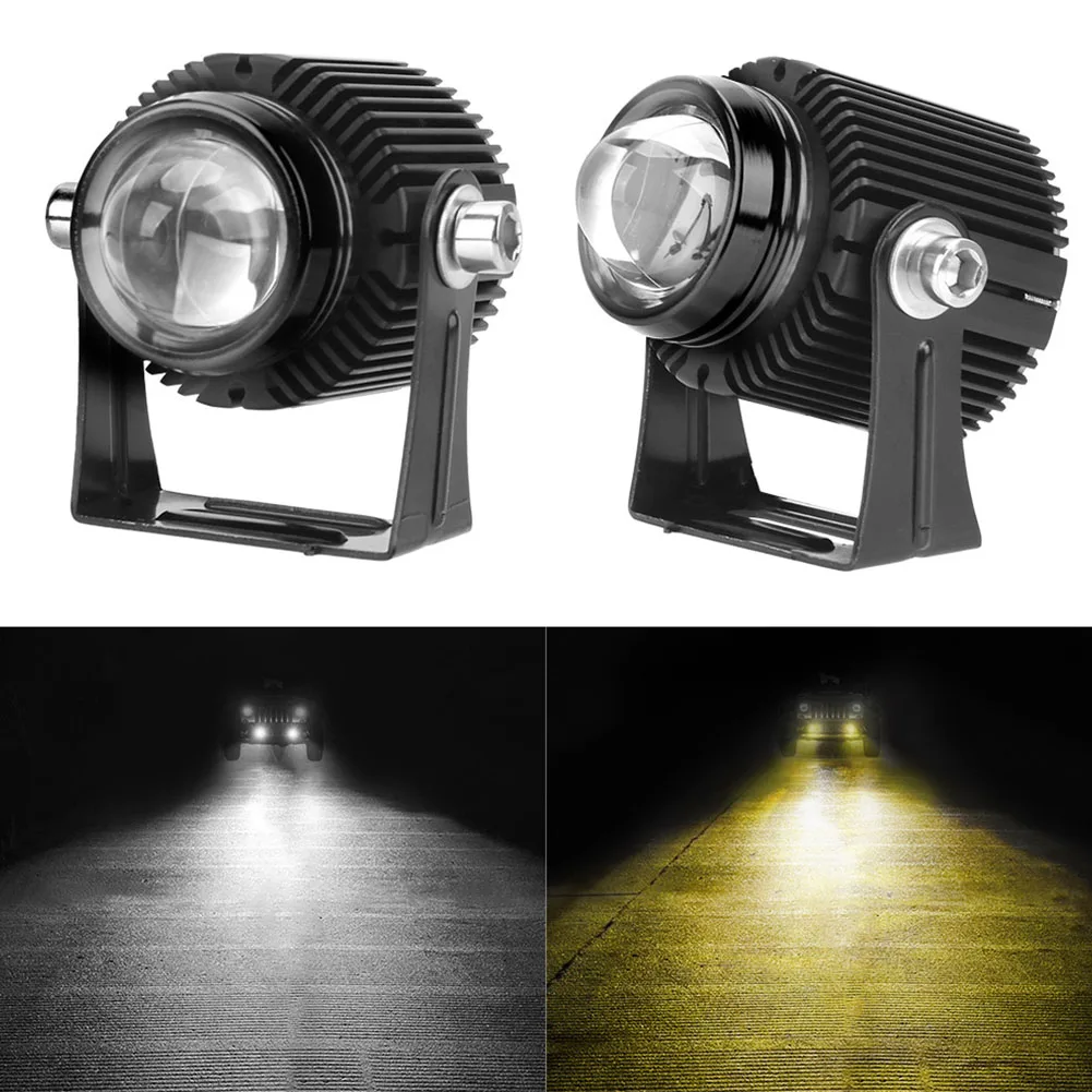 

1/2Pcs Motorcycle LED Headlights Spotlights w/ Projector Lens Yellow White High Low Beam Fog Light Universal Auto Auxiliary Lamp