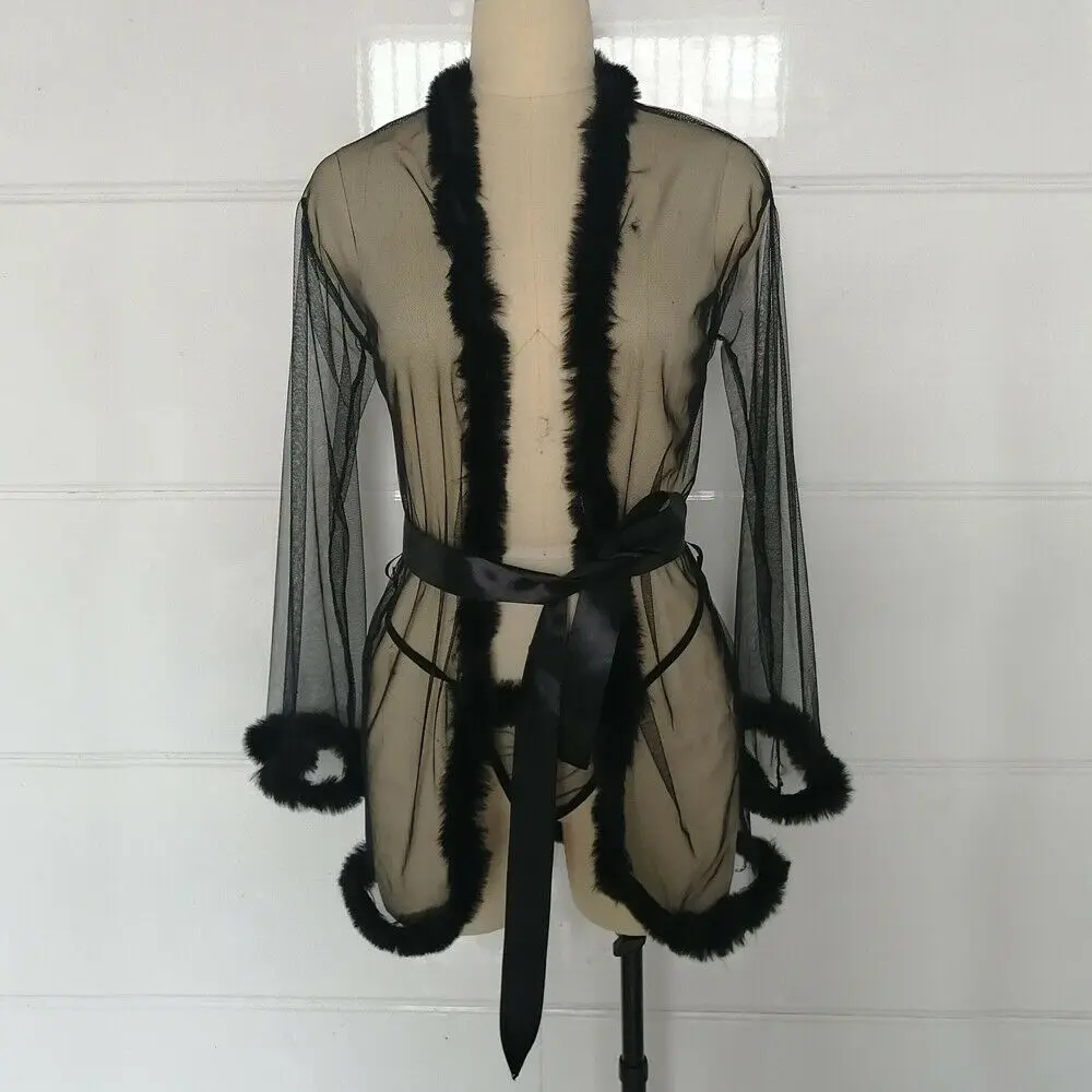 3pcs Women Sexy Lingerie Babydoll Long Sleeve Feather Robes and G-String Sets with Belt Ladies Underwear Nightwear Exotic | Тематическая