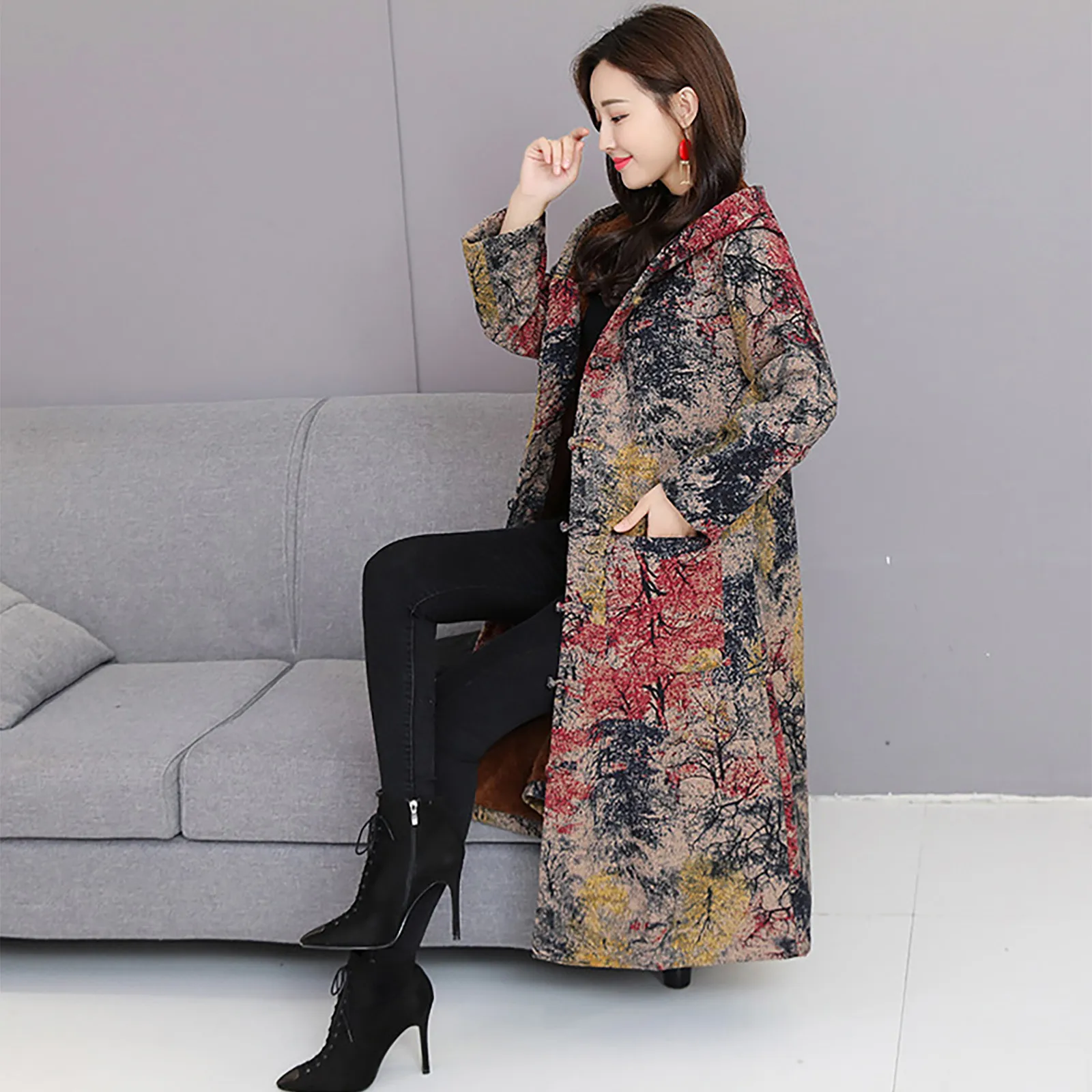 

Plus Size Fashion Thick Warm Long Coat Casual Ladies Plush Buttons Print Jacket Coat Streetwear Female Winter Womens Outerwear