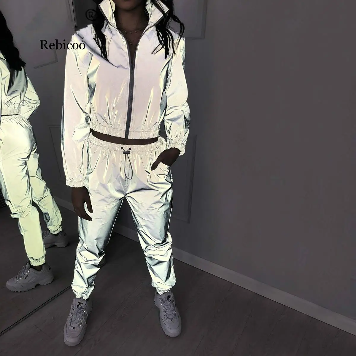 

Women Tracksuit 2 Piece Set Hip Hop Reflective Crop Top Pants Fashion Female Loose Zipper Jacket Coat Matching Sets Plus Size
