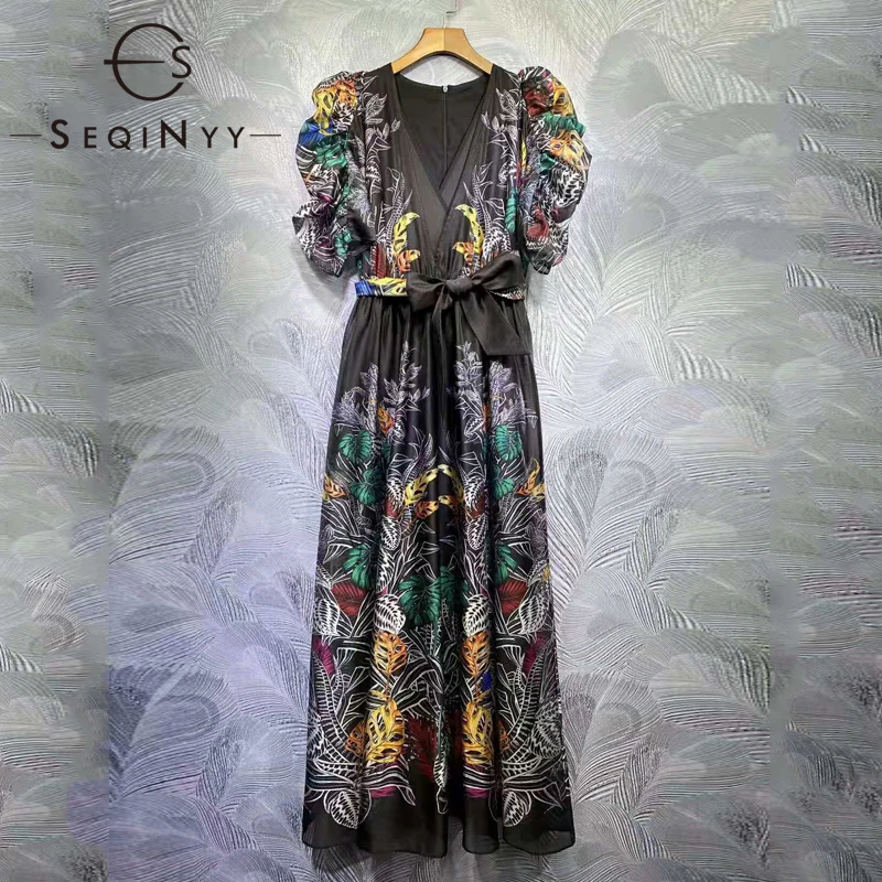 

SEQINYY Elegant Long Dress Vintage Flowers Print Summer Spring New Fashion Design Women Runway Puff Sleeve Party Gown Ball