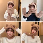 2021 Милая Балаклава с ушками зимняя шапка женская шапка с капюшоном для девочек шапки с медведем ушками Толстая плюшевая шапка шарф перчатки набор однотонный подарок