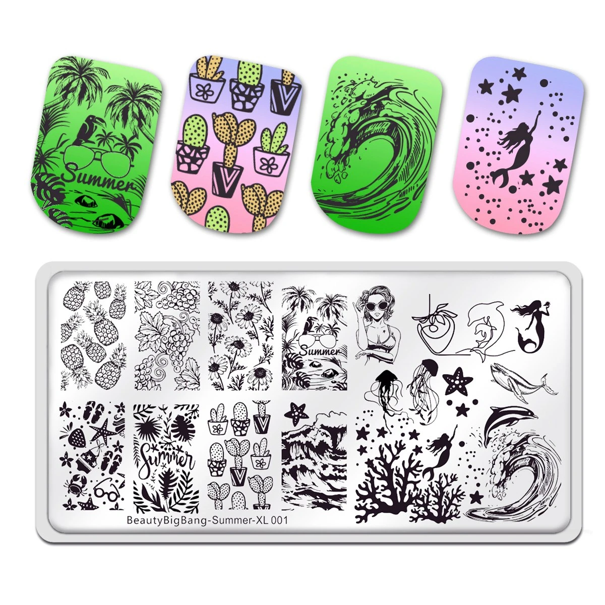 Beauty Big Bang Nail Stamping Plates New Summer Wave Whale Dolphin Fruit Theme Stainless Steel Mold Nail Art Stencil Template