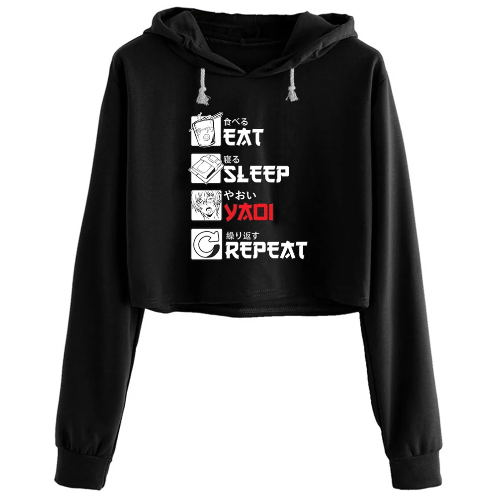 

Yaoi Ahegao Boys Love Eat Sleep Yaoi Repeat Crop Hoodies Women Y2k Kawaii Goth Grunge Pullover For Girls