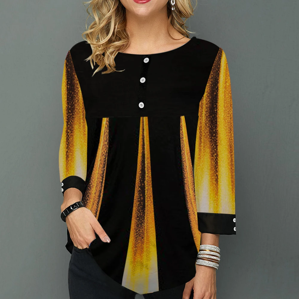 Модная женская футболка с круглым вырезом и рукавом 3/4 принтом пуговицами