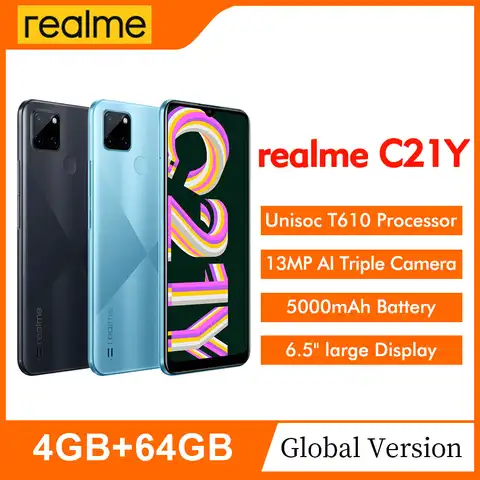Смартфон глобальная версия realme C21Y 3/4 Гб 32/64 ГБ, 6,5 дюйма, Восьмиядерный процессор, 5000 мАч, массивная батарея, 13 МП, тройная камера с искусственн...