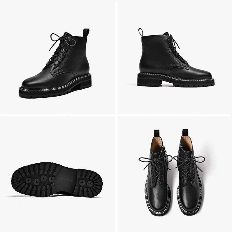 

BeauToday Ankle Boots Women Genuine Cow Leather Lace-Up Slide Zip Round Toe Lady Fashion Boots Winter Shoes Handmade 03446