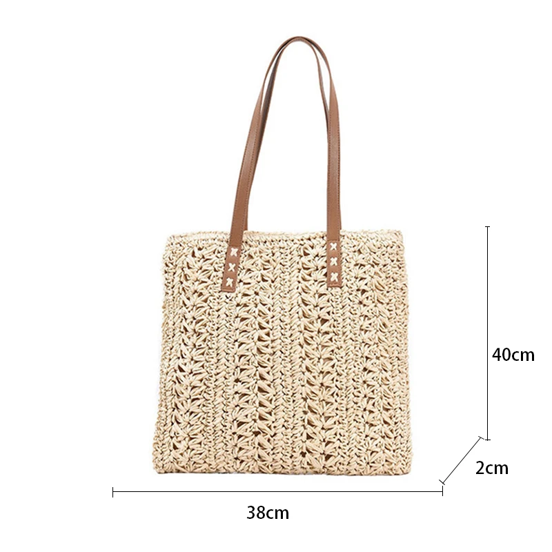 

Summer Vacation Casual Tote Square Hollow Straw Beach Bag Handmade Woven Shoulder Bag Raffia Rattan Shopping Travel Bag