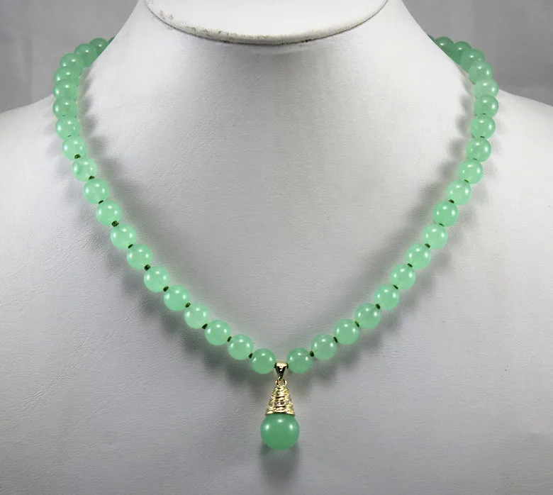 

wholesale/retail 8mm light green Jade necklace +12 mm gp pendant
