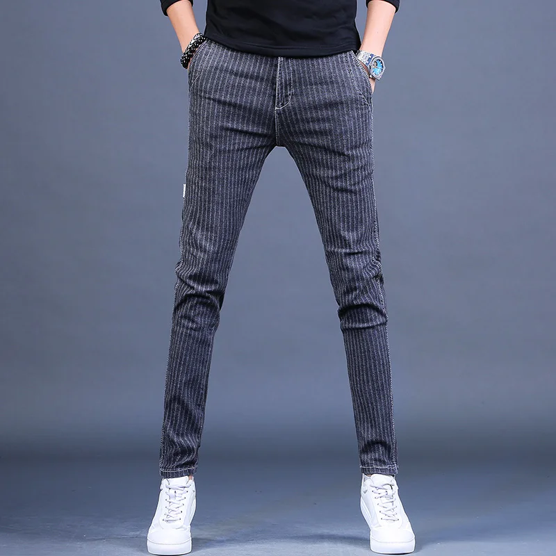 

Джинсы в полоску мужские, модные Стрейчевые облегающие брюки-карандаш, темно-серые джинсовые брюки в Корейском стиле