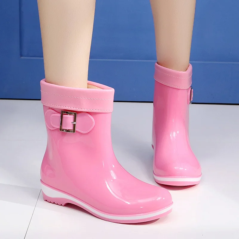Fashion Winter Warm Fleece-Lined Rain Boots Women Middle Tube Non-Slip Jelly Rain Boots Ladies Shoe
