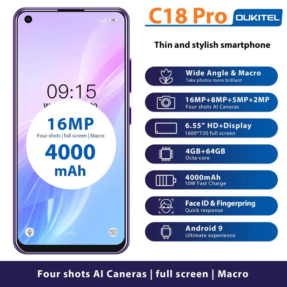 OUKITEL C18 Pro 6 55 &quotHD Мобильный телефон MT6757 Восьмиядерный 4 Гб 64 ГБ Android 9 0 смартфон 4000