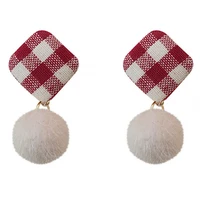 sweet cute red plaid fur ball earrings elegant soft girl autumn winter stylemini small korean daily ear studs ear clip for women