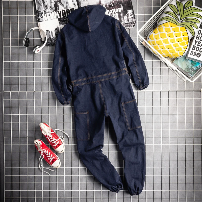

Mens Autumn Casual Jeans Jumpsuit Long Sleeve One Piece Hooded Jacket Pants Suit Mens Hip Hop Denim Bib Overalls Work Jump Suit