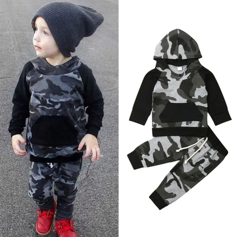 Камуфляжная одежда для маленьких мальчиков топ с длинными рукавами и капюшоном +