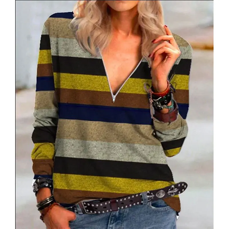 

Spring Autumn Women 2021 Cotton Plus Sizes Loose Zipper Sexy Printed Lattice Vintage T Shirts Tops Full Long Sleeve