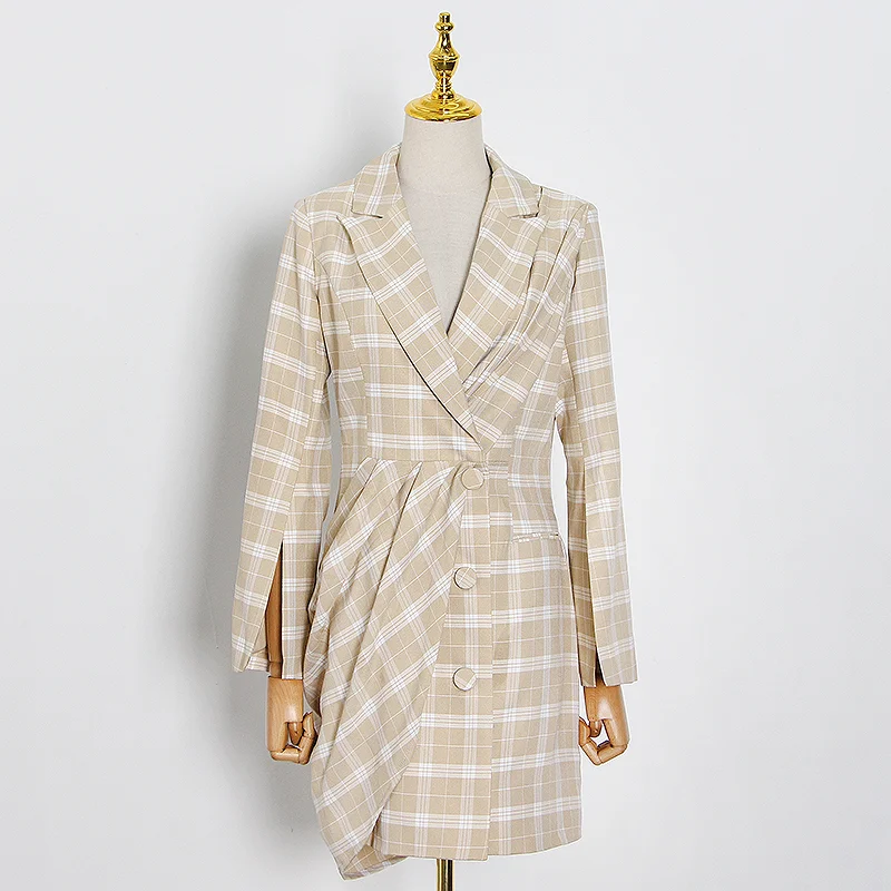 

Plaid Ruched Blazer Dress For Women Notched Long Sleeve High Waist Mini Casual Dresses Female Fashion New Clothing