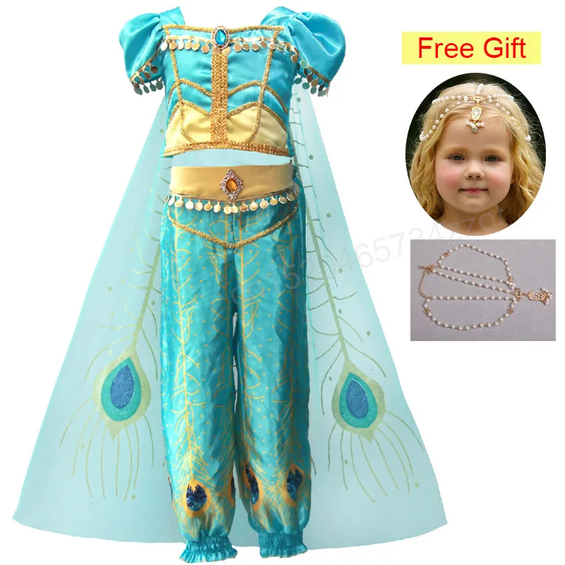 Jasmine Dress-2 Принцесса Жасмин платье Аладдин волшебная лампа девушки косплей костюм необычные дети танцевальная одежда Комплект топ брюки и платье для ребенка - Цвет: Jasmine Dress-2