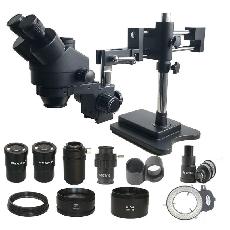 

3.5X-180X Double Boom Zoom Simul Focal trinocular stereo Microscope 0.5X 2.0X Objective lens Soldering PCB repair tools rework
