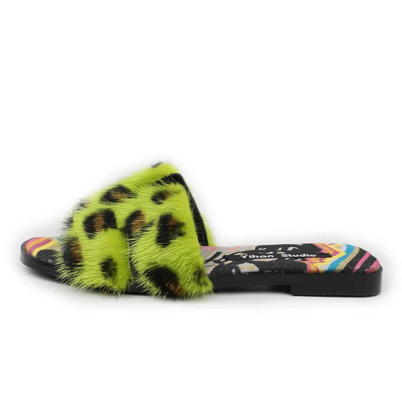 

Mink Slippers Real Fur Slippers Ladies Real Mink Slippers Leopard Print Flat Slippers Sandals
