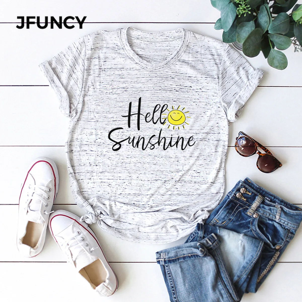 JFUNCY Hello Sunshine Letter Print Summer Cotton T Shirt Women Short Sleeve T-shirt Female Tees  Casual Lady Basic Tops