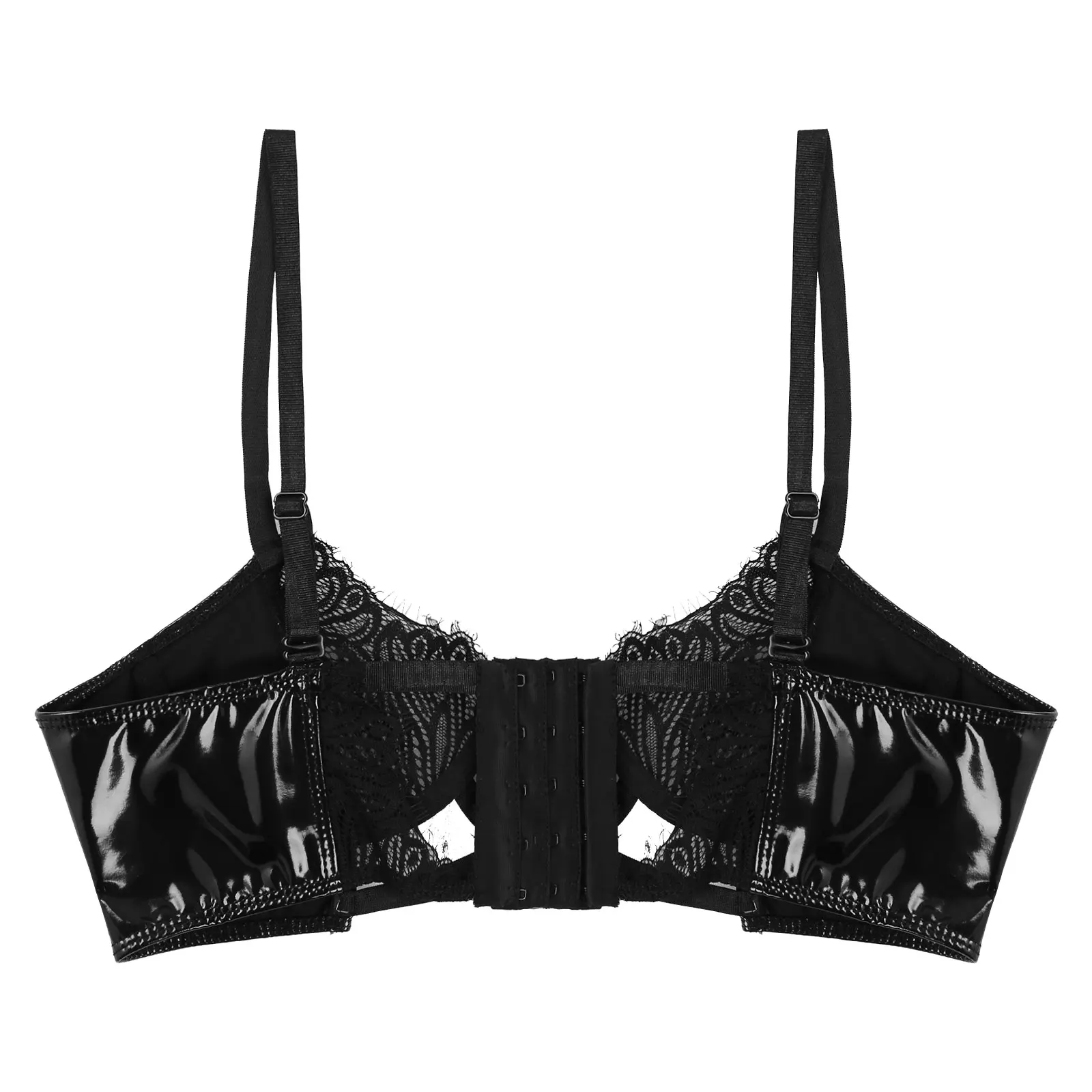 

iiniim Women Sexy Bras Wet Look Patent Leather Lace Patchwork Underwired Bra Tops Adjustable Shoulder Strap Hollow Out Brassiere