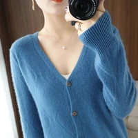 autumn and winter new v neck pure wool cardigan womens solid color versatile long sleeved sweater loose commuter bottoming coat