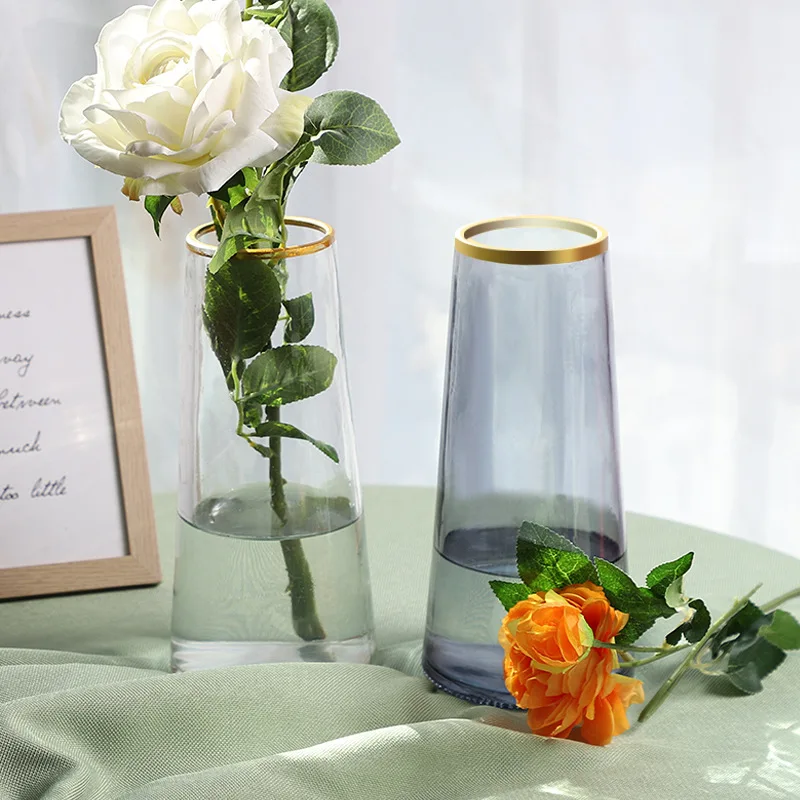 

Clear Modern Glass Vase 22cm Large Crystal Vases Outlined In Gold for Flowers Plants for Office Home Living Room Bathroom Decor