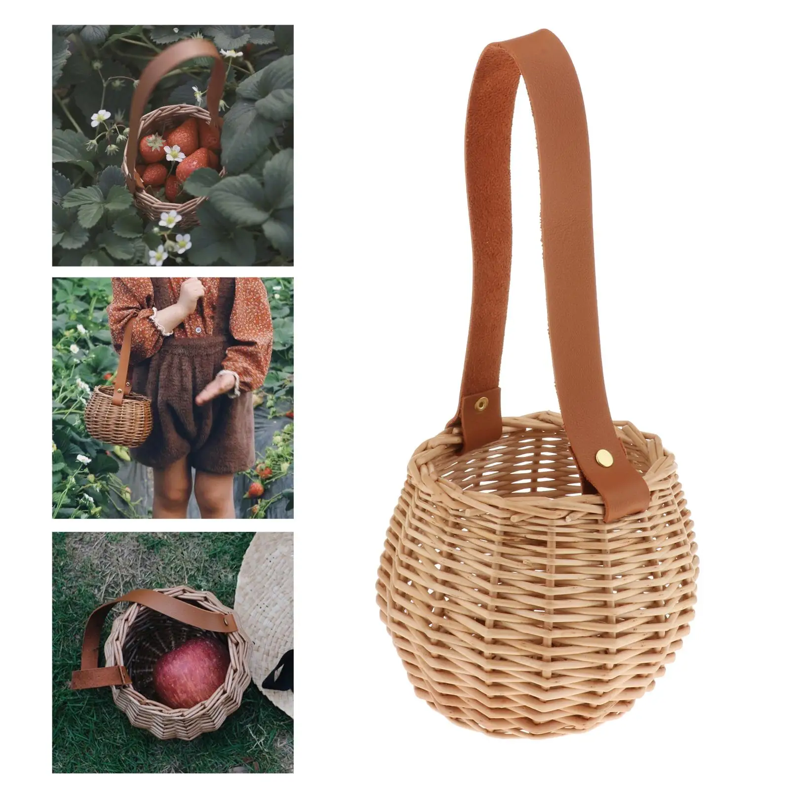 

Woven Storage Basket Plant Wicker Hanging Baskets Garden Flower Vase Potted Plant Pot with Leather Handle Storage Baskets