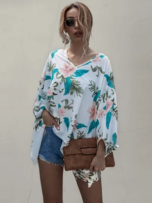 

2020 Summer Women's V-Neck Printed Bat Sleeve Loose Top Casual And Loose Women Shirt