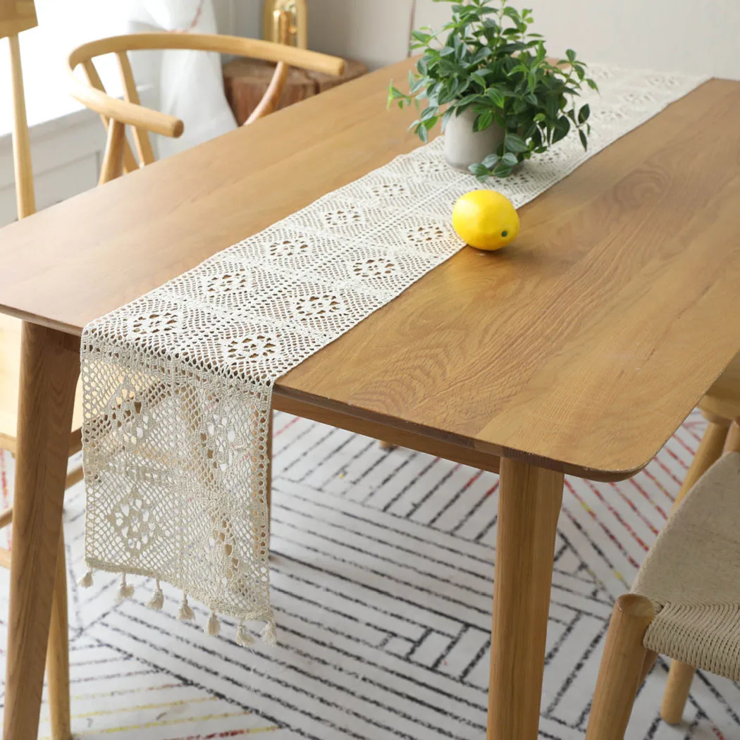 

24x260CM Beige European Retro Table Runner Lace Handmade Hollow Polyester Tassel Placemat Table Side Cabinet